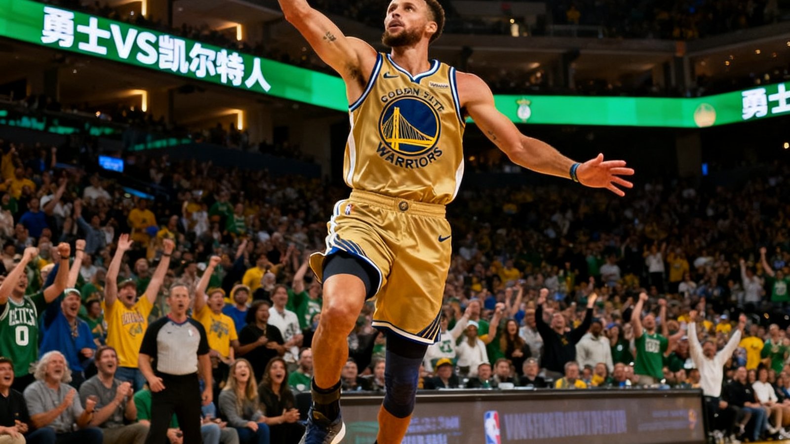 NBA常规赛勇士主场对阵凯尔特人，库里在三分线外快速出手的瞬间画面